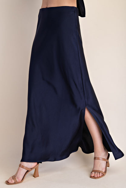 NAVY SATIN SIDE-SLIT MIDI SKIRT