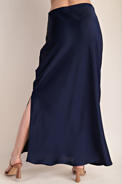 NAVY SATIN SIDE-SLIT MIDI SKIRT