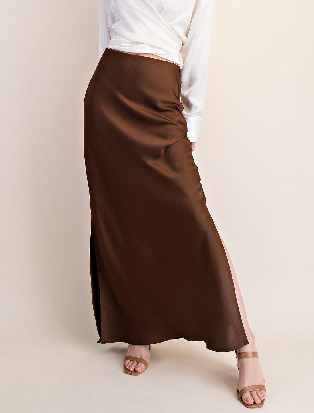 BROWN SATIN SIDE-SLIT MIDI SKIRT