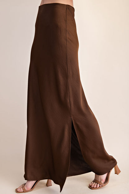 BROWN SATIN SIDE-SLIT MIDI SKIRT