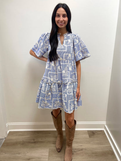 BLUE STRIPED COTTON FLORAL EMBROIDERED TIERED WOVEN DRESS