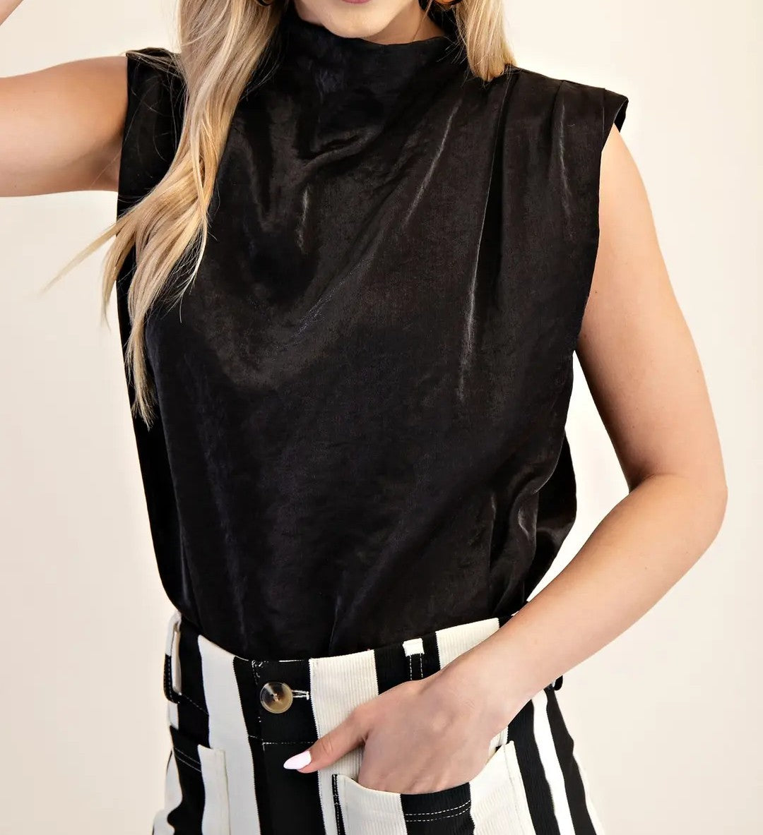 BLACK COWL NECK PLEATED SLEEVELESS TOP