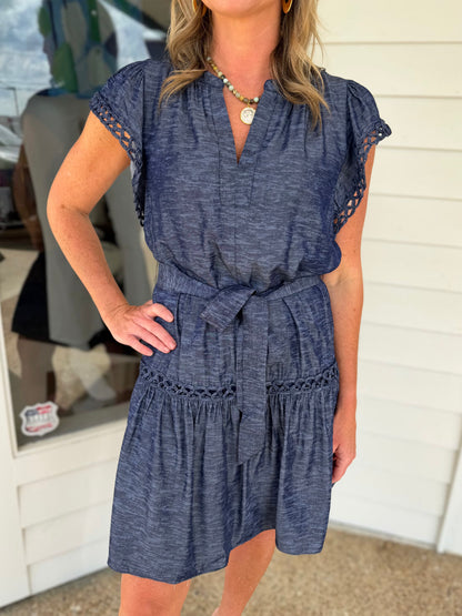 NAVY MELANGE CROCHET TRIM MINI DRESS