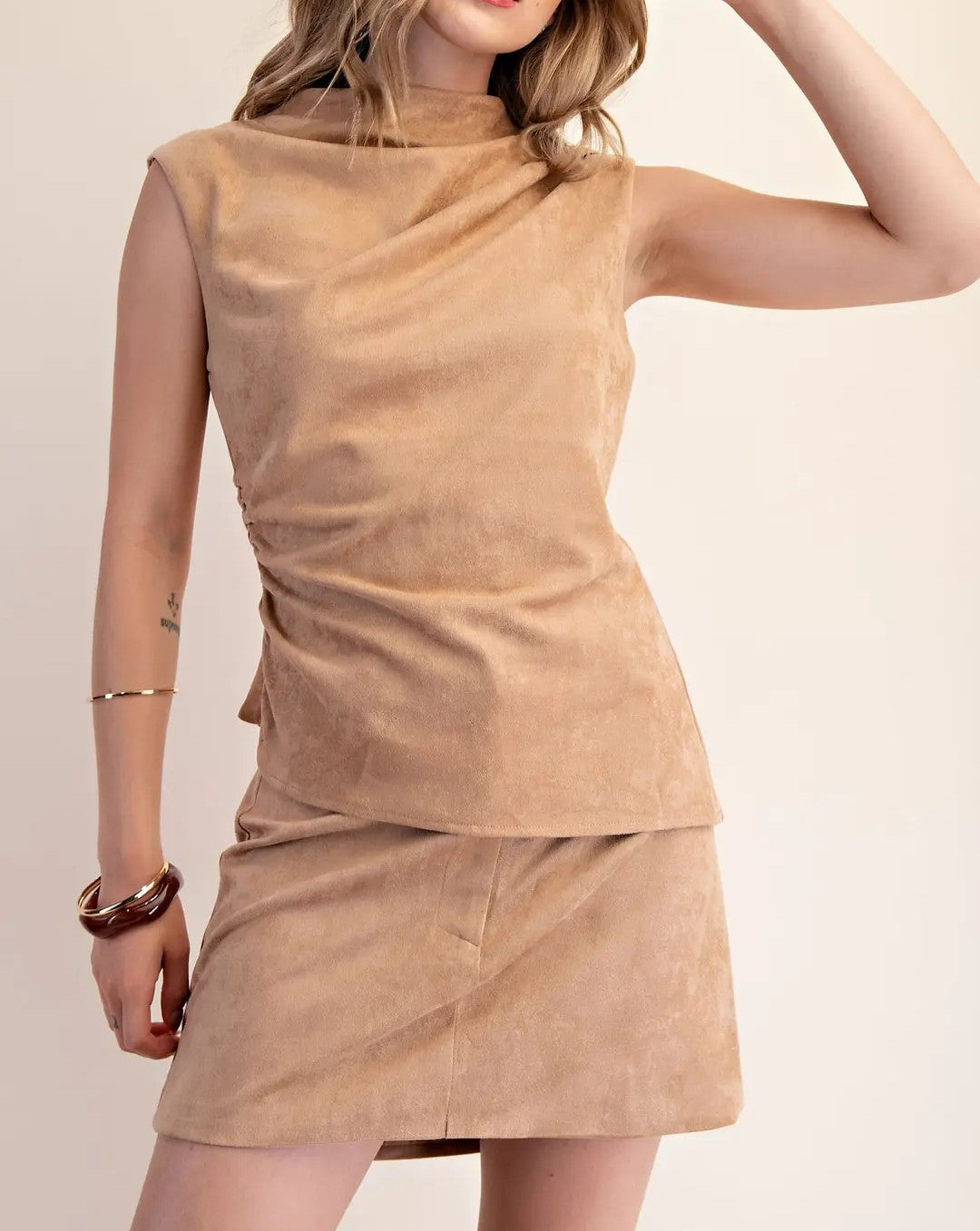 BEIGE SUEDE MOCK NECK SLEEVELESS TOP