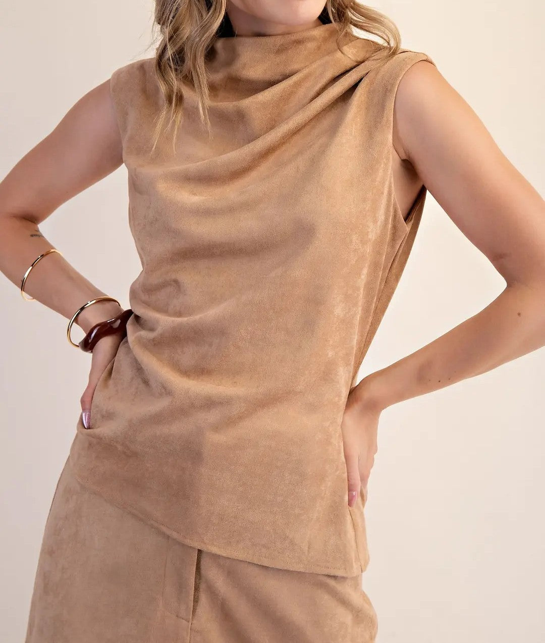 BEIGE SUEDE MOCK NECK SLEEVELESS TOP