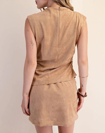 BEIGE SUEDE MOCK NECK SLEEVELESS TOP