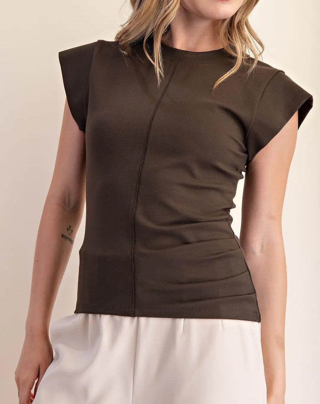 OLIVE RUSTIC GATHERED KNIT TOP