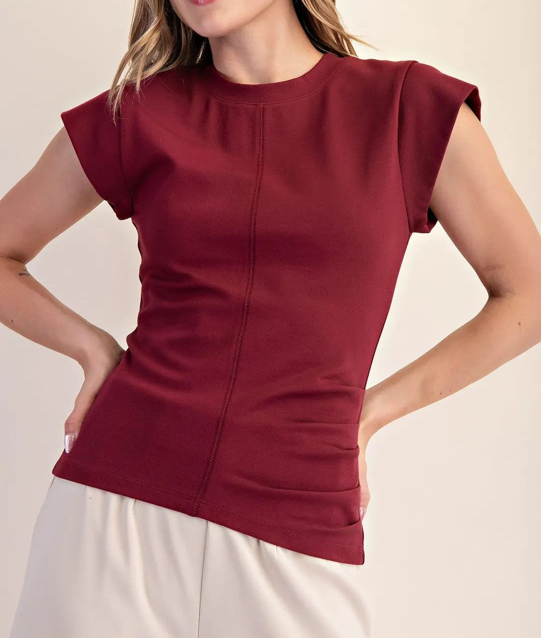 BURGUNDY RUSTIC GATHERED KNIT TOP