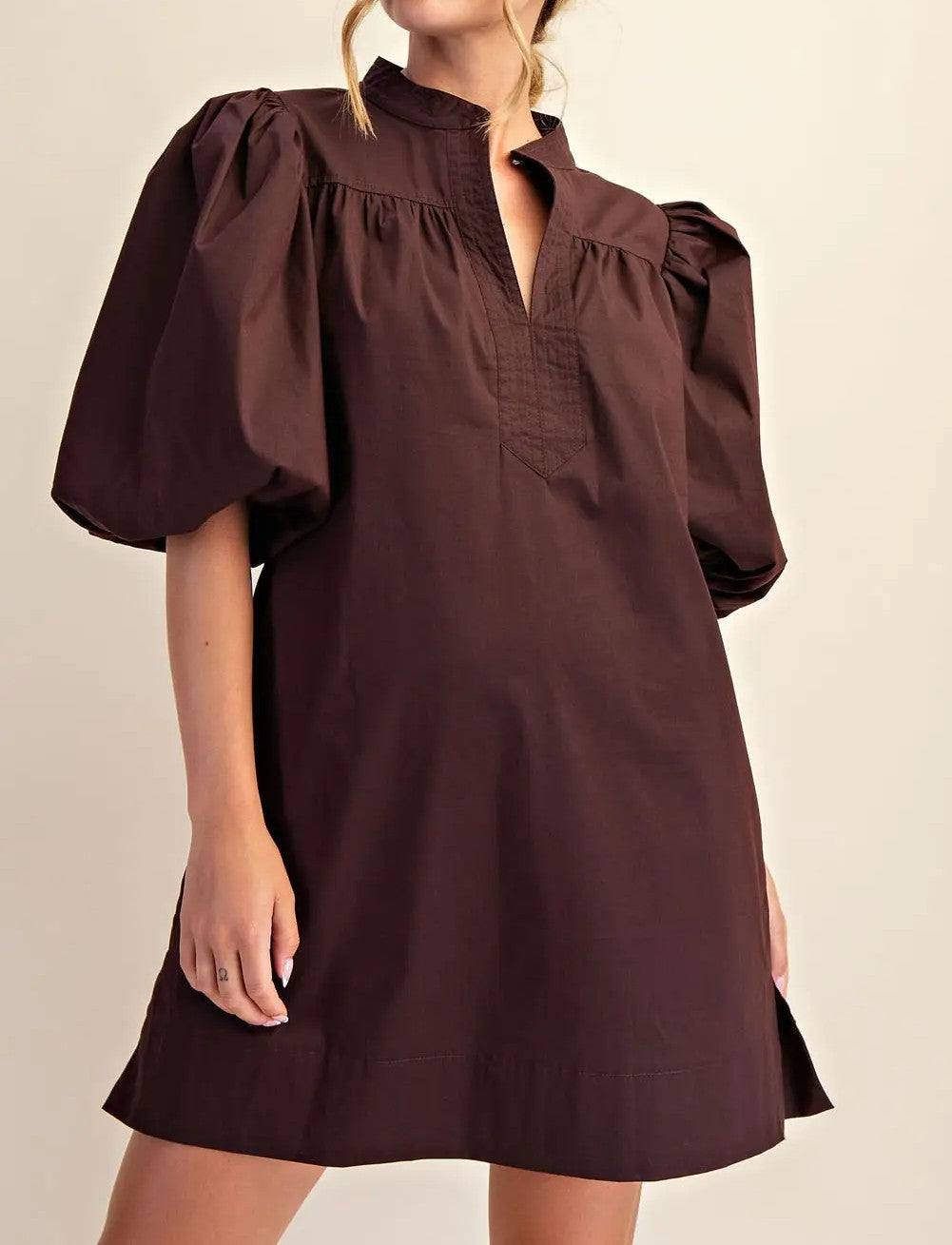 BROWN MANDARIN COLLAR VNECK BUBBLE SLEEVE MINI DRESS