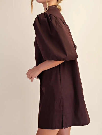 BROWN MANDARIN COLLAR VNECK BUBBLE SLEEVE MINI DRESS