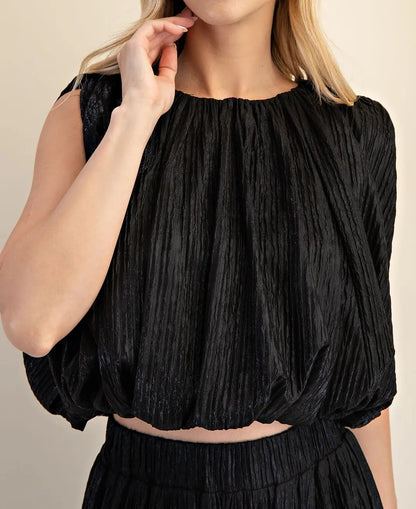BLACK METALLIC PLEATED SLEEVELESS BUBBLE TOP