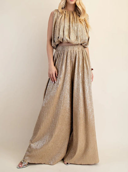 TAUPE METALLIC PLEATED SLEEVELESS BUBBLE TOP
