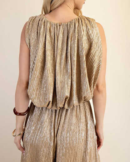 TAUPE METALLIC PLEATED SLEEVELESS BUBBLE TOP
