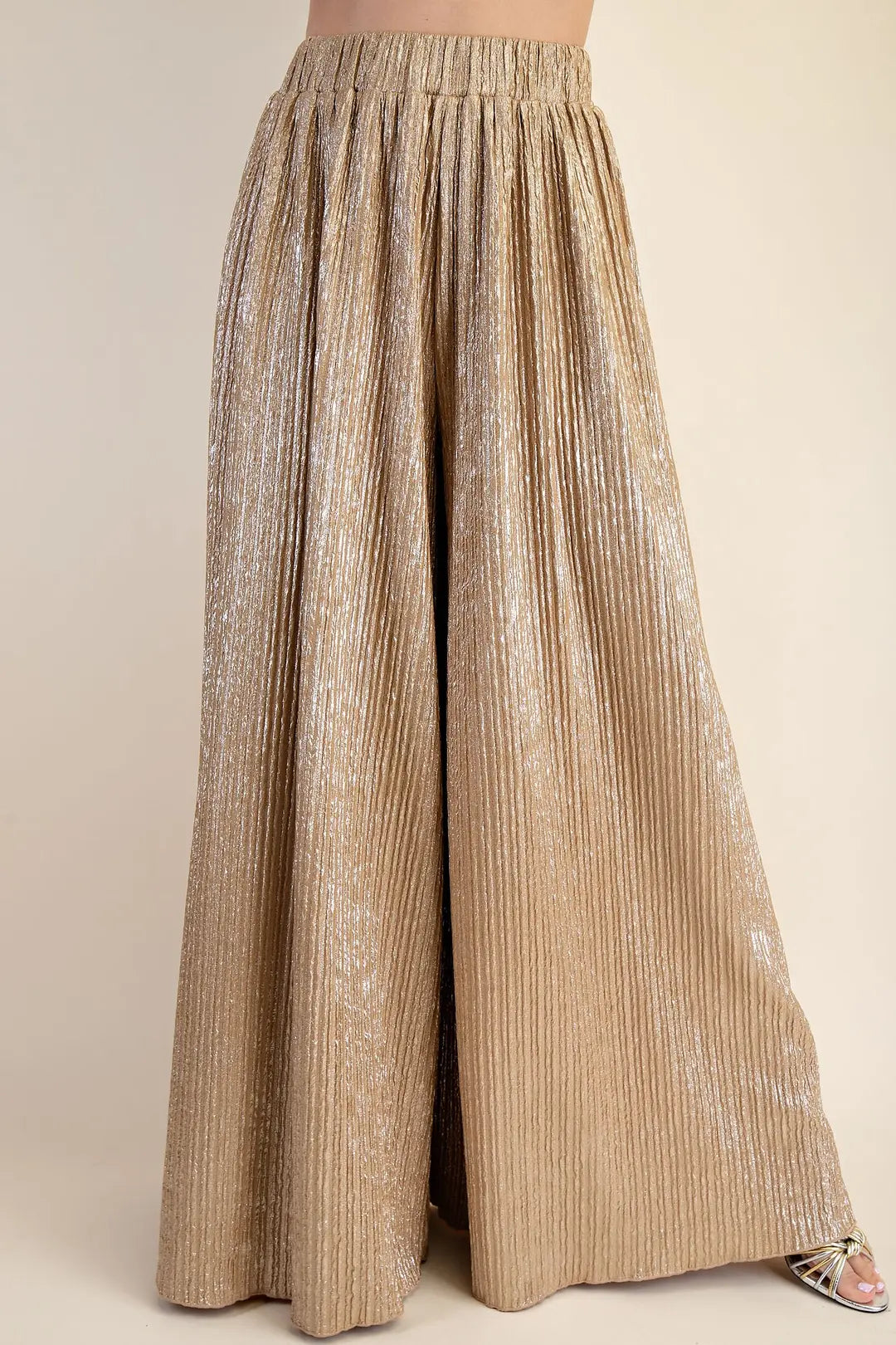 TAUPE METALLIC PLEATED WIDE LEG PANTS