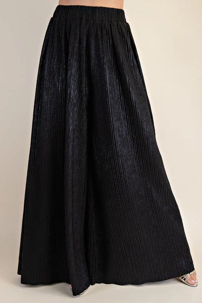 BLACK METALLIC PLEATED WIDE LEG PANTS