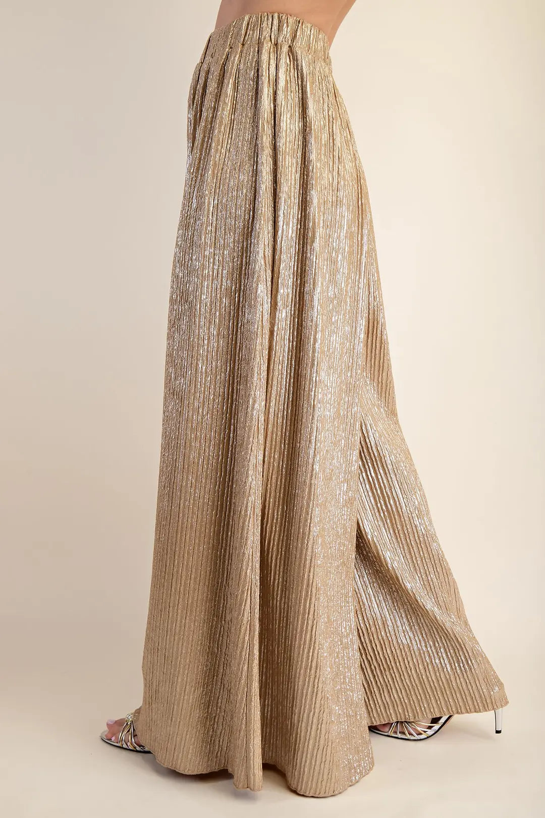 TAUPE METALLIC PLEATED WIDE LEG PANTS