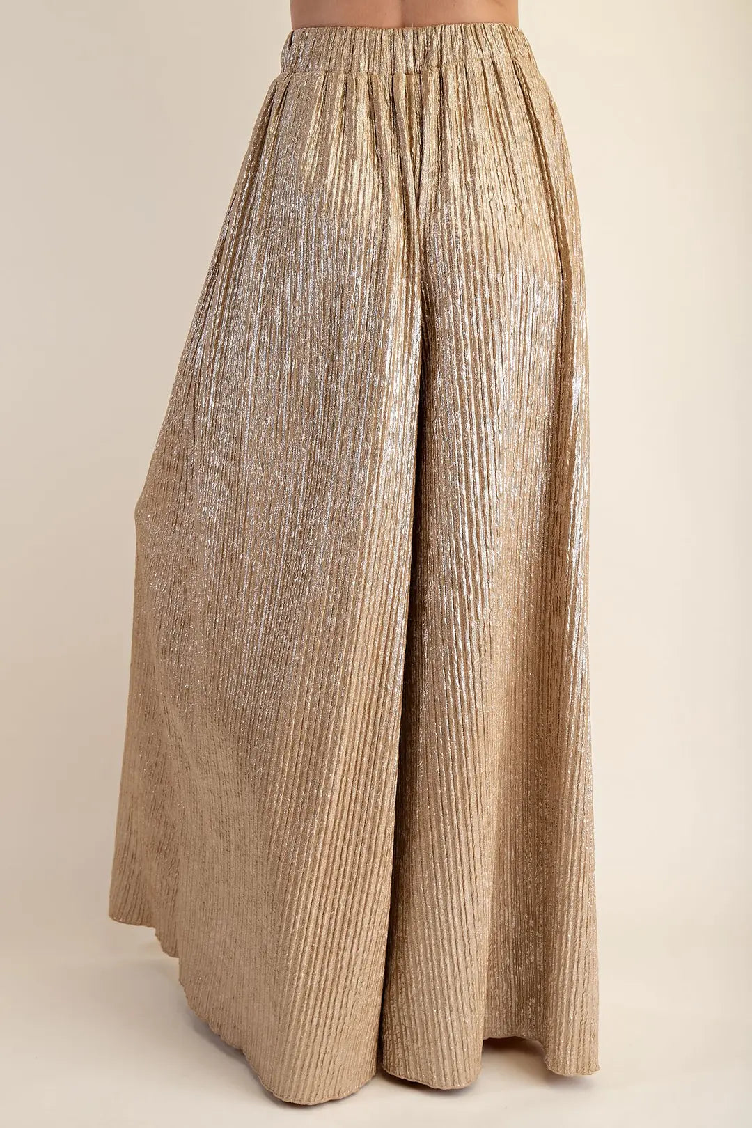 TAUPE METALLIC PLEATED WIDE LEG PANTS