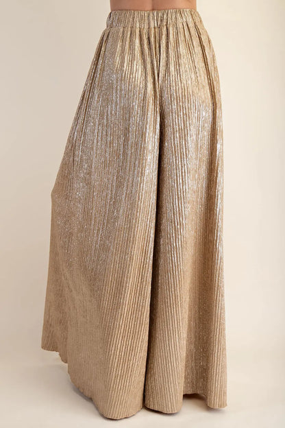TAUPE METALLIC PLEATED WIDE LEG PANTS