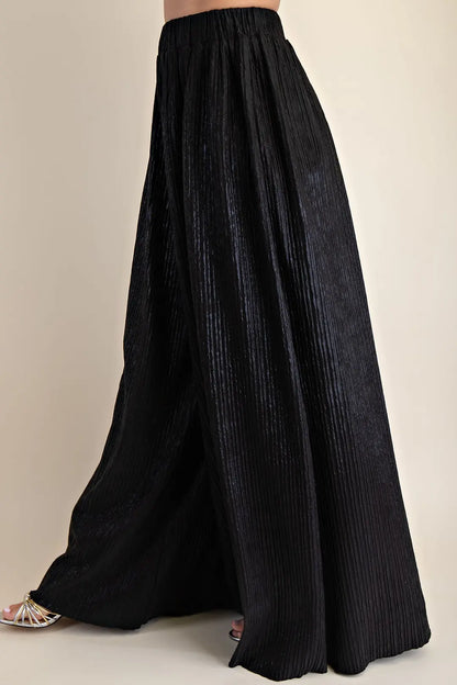 BLACK METALLIC PLEATED WIDE LEG PANTS