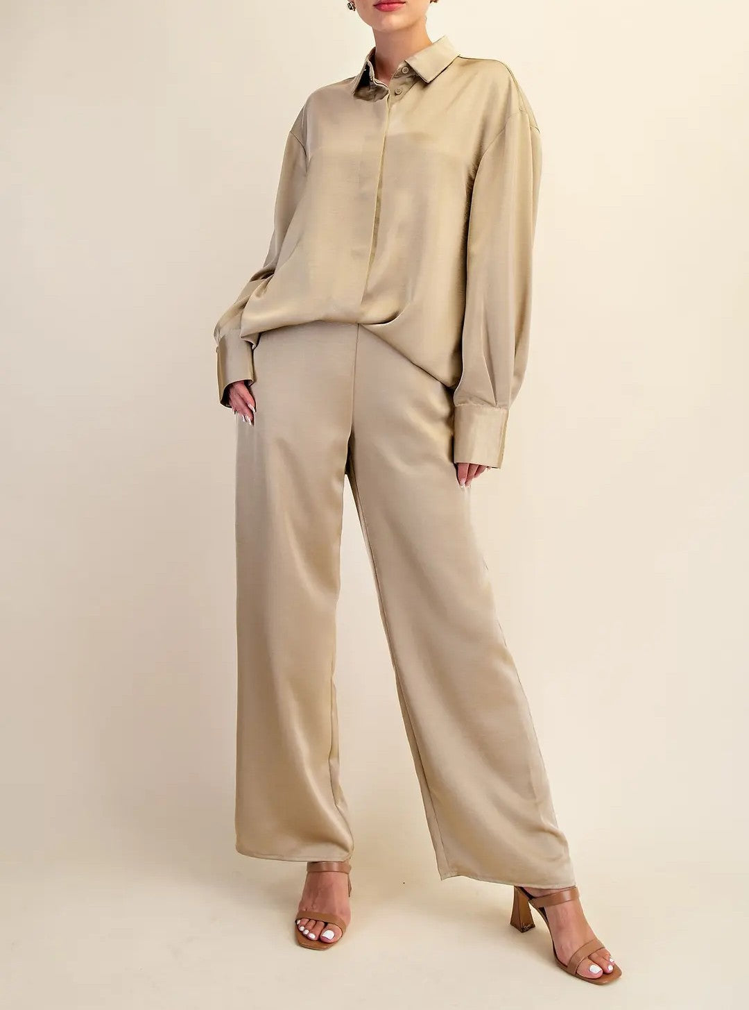 TAUPE LAPEL COLLAR SATIN LONG SLEEVE BUTTON UP TOP