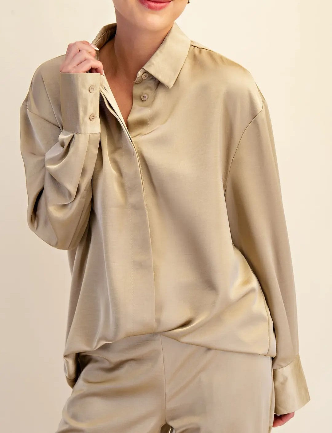 TAUPE LAPEL COLLAR SATIN LONG SLEEVE BUTTON UP TOP