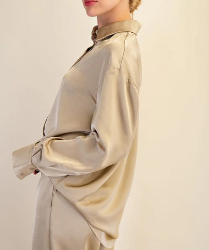 TAUPE LAPEL COLLAR SATIN LONG SLEEVE BUTTON UP TOP