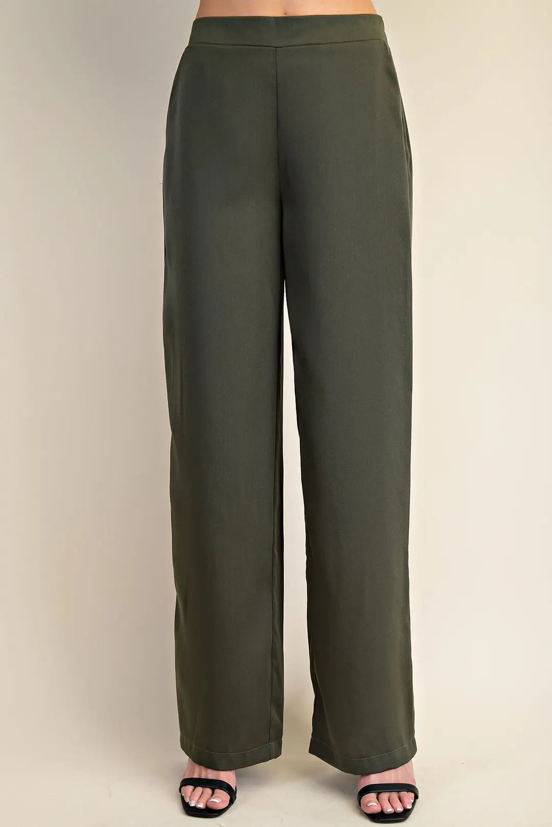 OLIVE HIGH-WAISTED WIDE LEG SATIN PANTS
