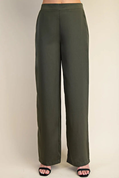 OLIVE HIGH-WAISTED WIDE LEG SATIN PANTS