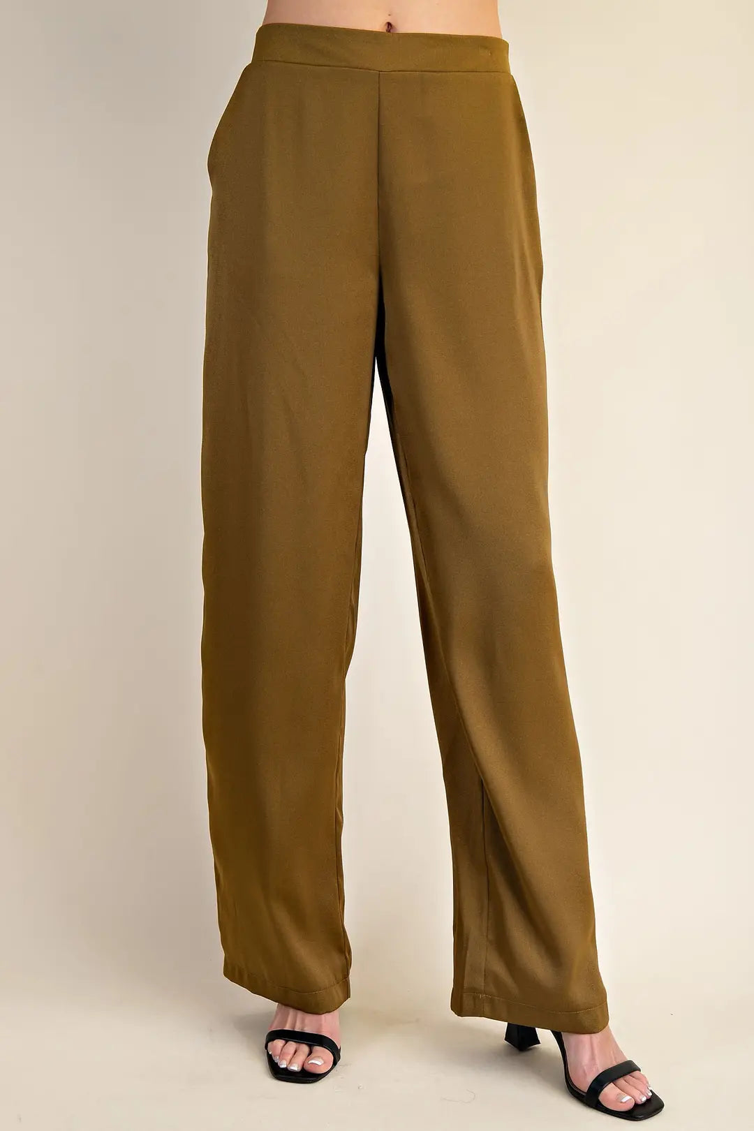 GOLDEN OLIVE HIGH-WAISTED WIDE LEG SATIN PANTS