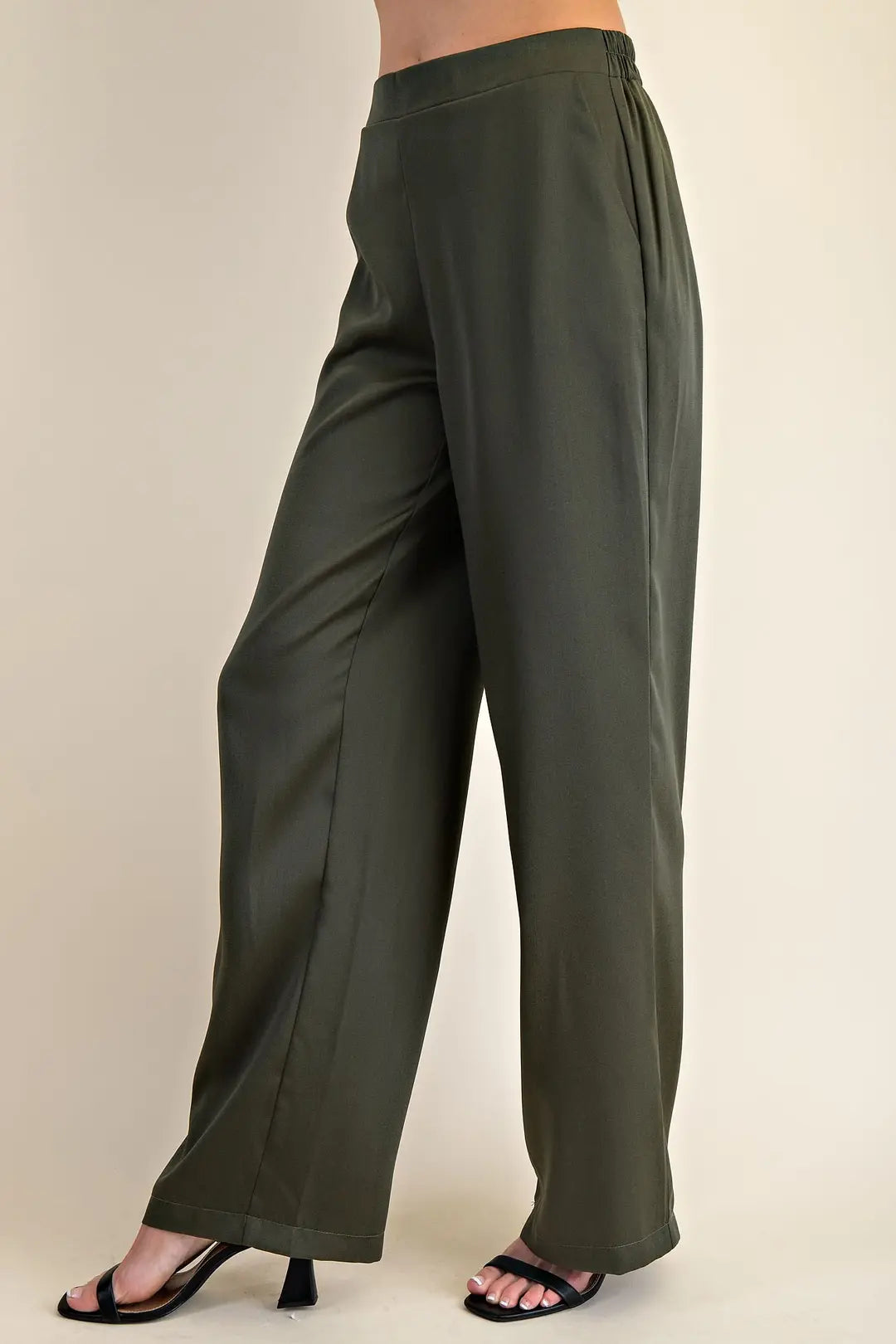 OLIVE HIGH-WAISTED WIDE LEG SATIN PANTS