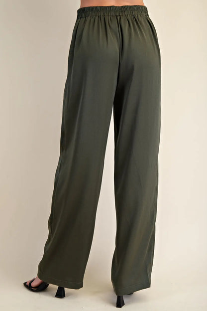 OLIVE HIGH-WAISTED WIDE LEG SATIN PANTS