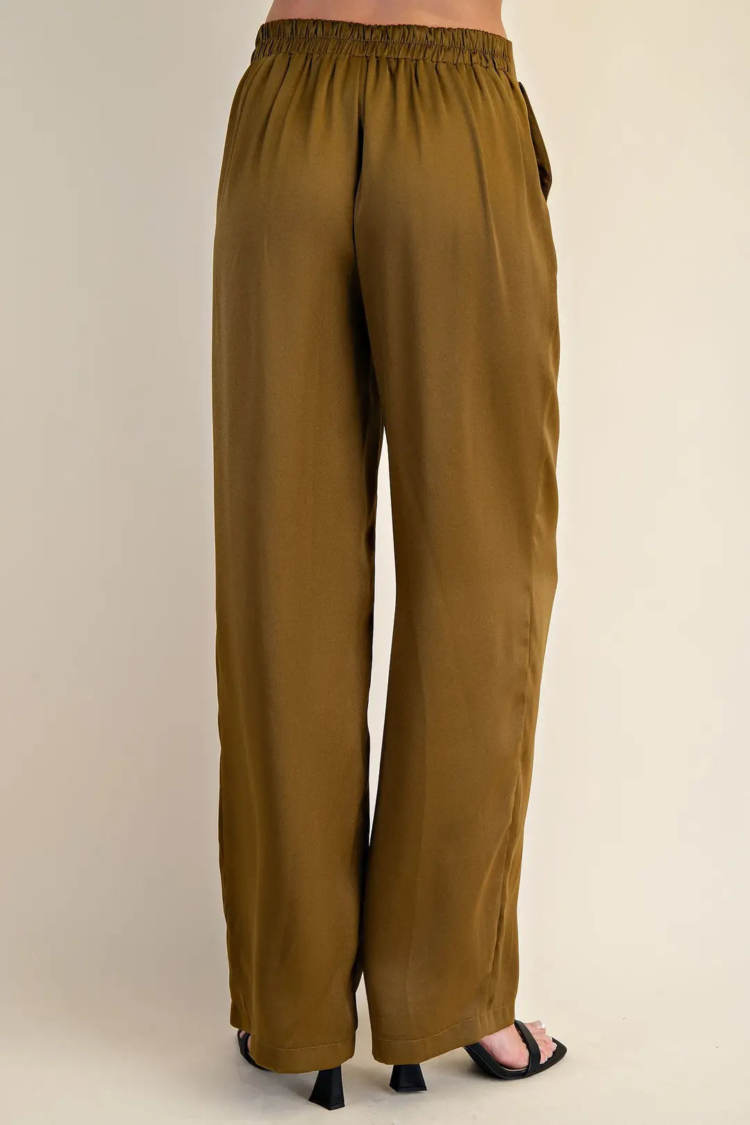 GOLDEN OLIVE HIGH-WAISTED WIDE LEG SATIN PANTS