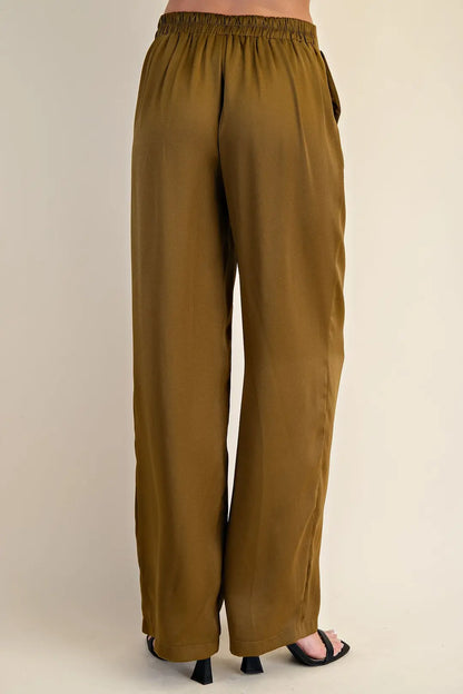 GOLDEN OLIVE HIGH-WAISTED WIDE LEG SATIN PANTS