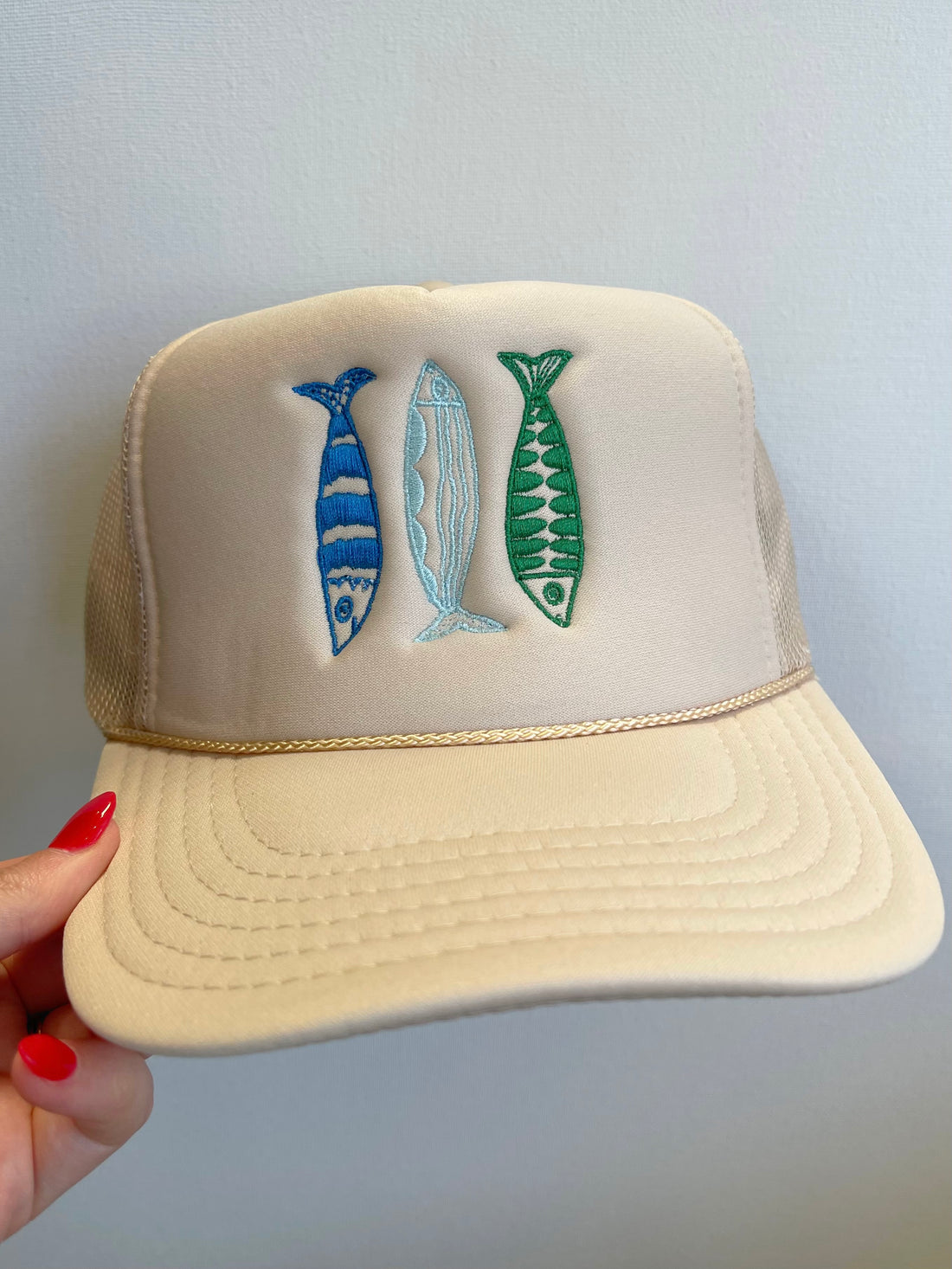 BLUE &amp; GREEN THREAD SARDINES TRUCKER HAT - TAN HAT