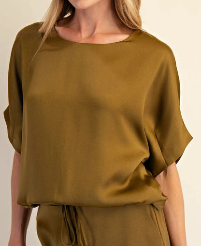 GOLDEN OLIVE SATIN DOLMAN SLEEVE TOP