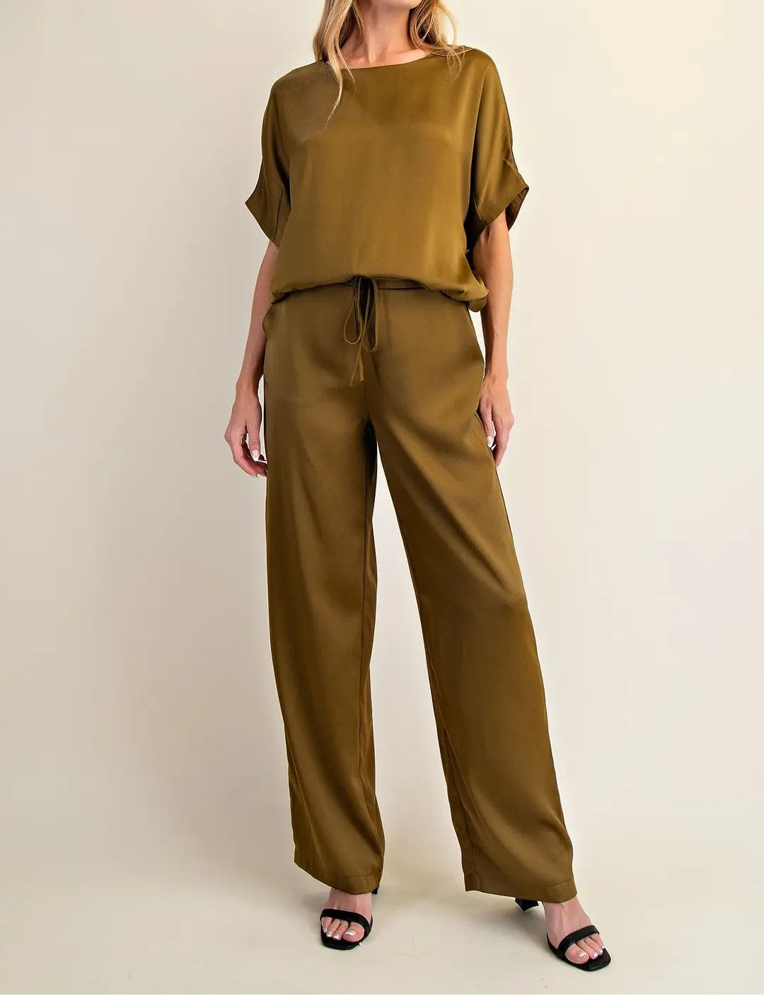 GOLDEN OLIVE SATIN DOLMAN SLEEVE TOP