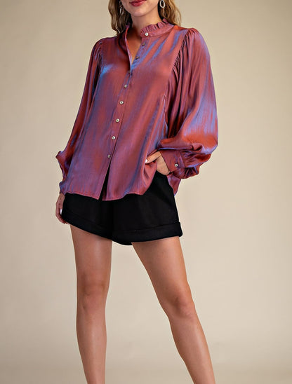 REFLECTIVE RUST BUTTON UP LONG BATWING SLEEVE TOP