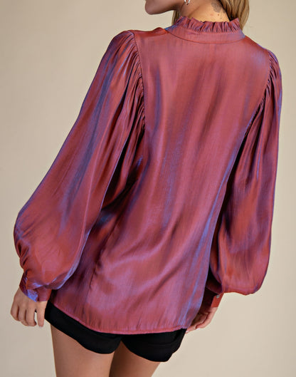 REFLECTIVE RUST BUTTON UP LONG BATWING SLEEVE TOP
