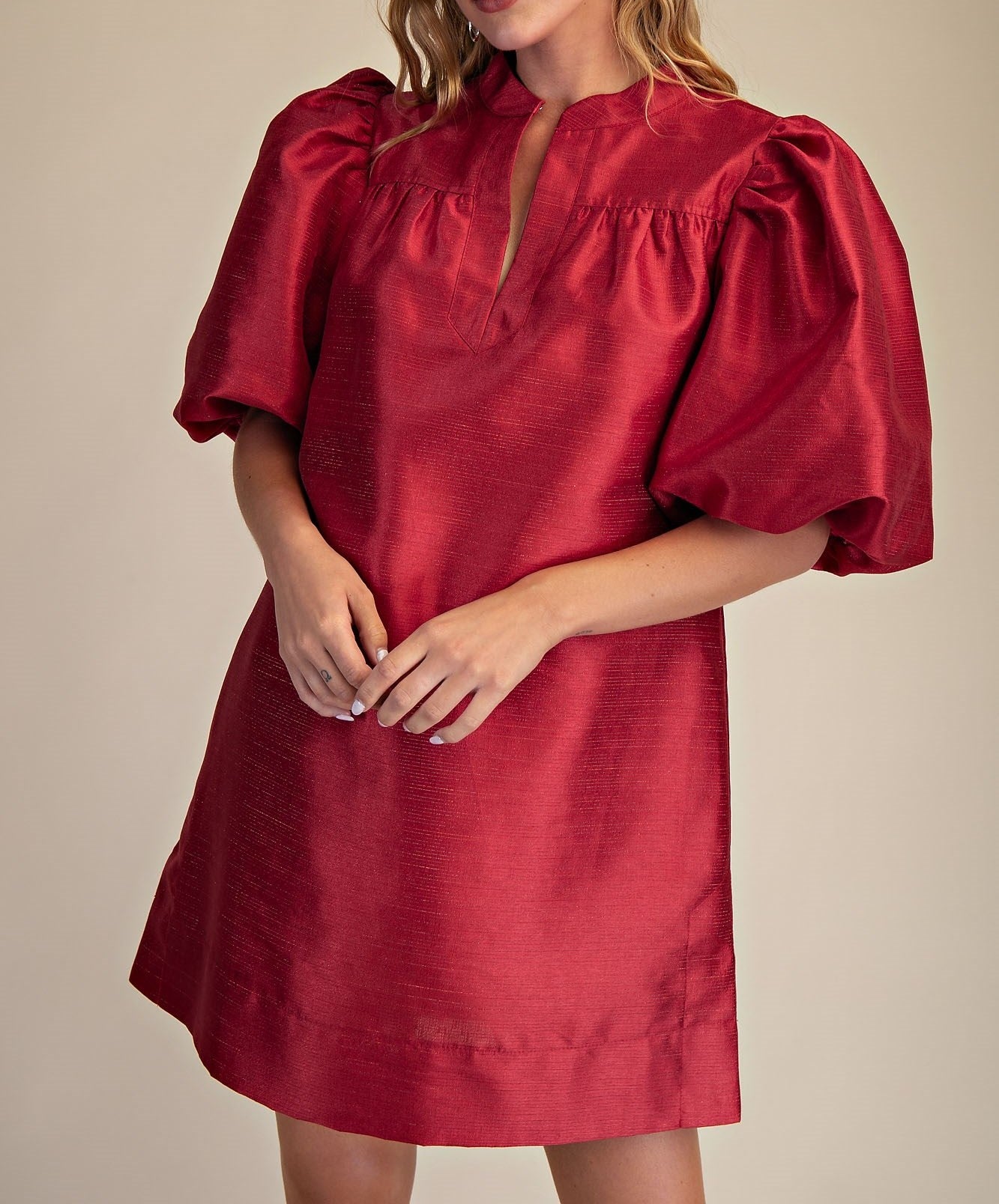 RED METALLIC MANDARIN COLLAR VNECK PUFF SLEEVE MINI DRESS