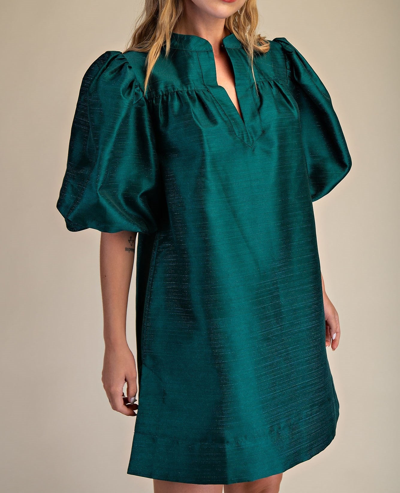 GREEN METALLIC MANDARIN COLLAR VNECK PUFF SLEEVE MINI DRESS