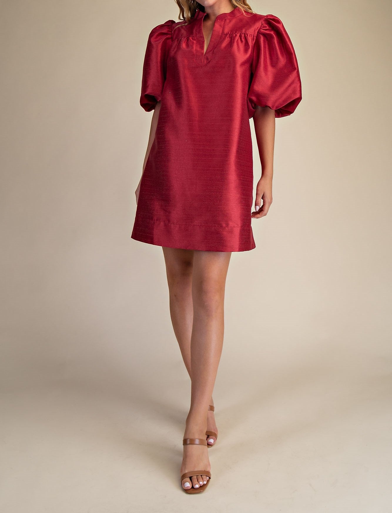 RED METALLIC MANDARIN COLLAR VNECK PUFF SLEEVE MINI DRESS