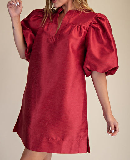 RED METALLIC MANDARIN COLLAR VNECK PUFF SLEEVE MINI DRESS