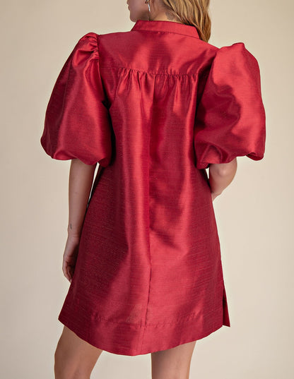 RED METALLIC MANDARIN COLLAR VNECK PUFF SLEEVE MINI DRESS