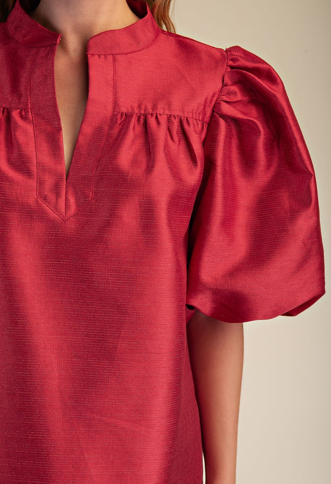 RED METALLIC MANDARIN COLLAR VNECK PUFF SLEEVE MINI DRESS