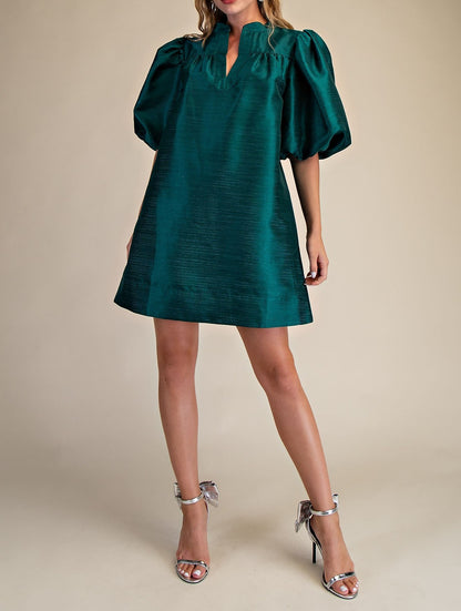 GREEN METALLIC MANDARIN COLLAR VNECK PUFF SLEEVE MINI DRESS