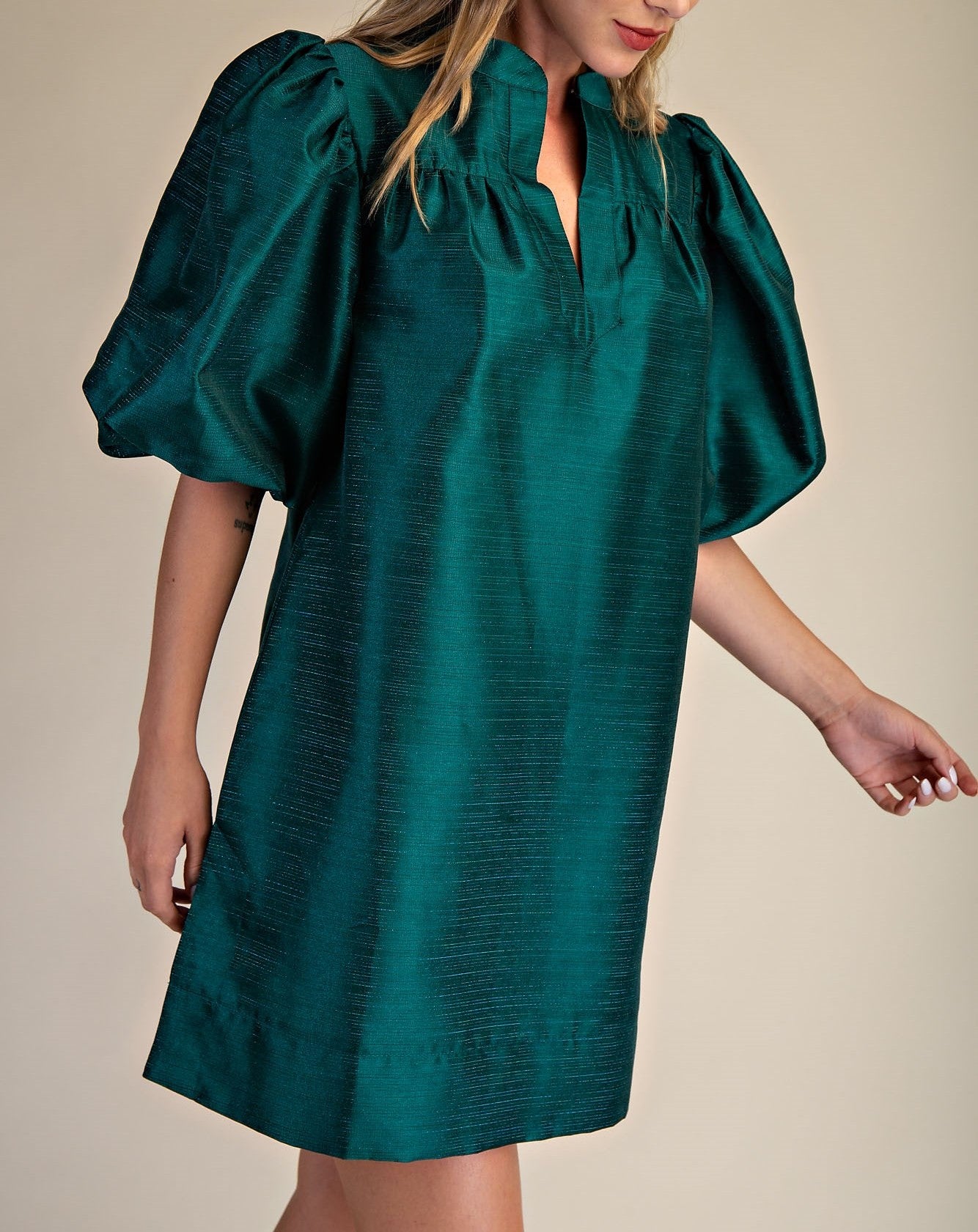GREEN METALLIC MANDARIN COLLAR VNECK PUFF SLEEVE MINI DRESS