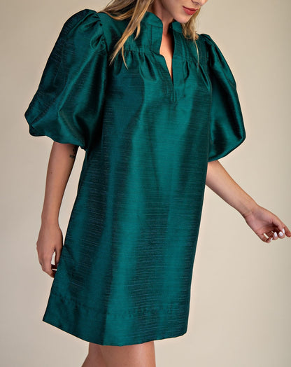 GREEN METALLIC MANDARIN COLLAR VNECK PUFF SLEEVE MINI DRESS