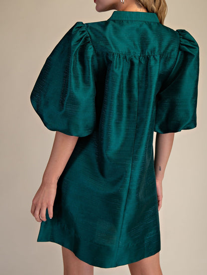 GREEN METALLIC MANDARIN COLLAR VNECK PUFF SLEEVE MINI DRESS