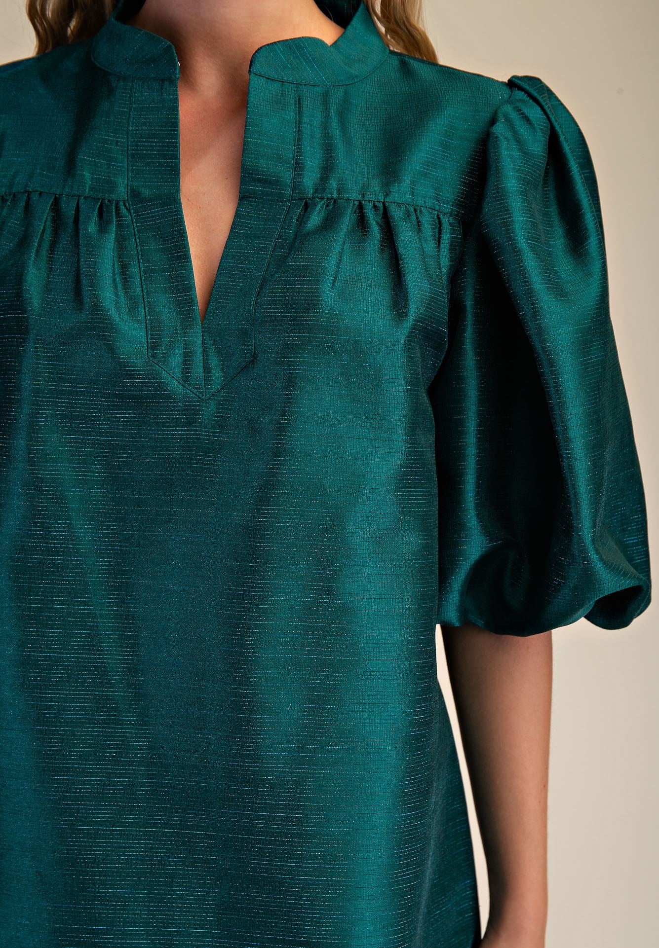 GREEN METALLIC MANDARIN COLLAR VNECK PUFF SLEEVE MINI DRESS