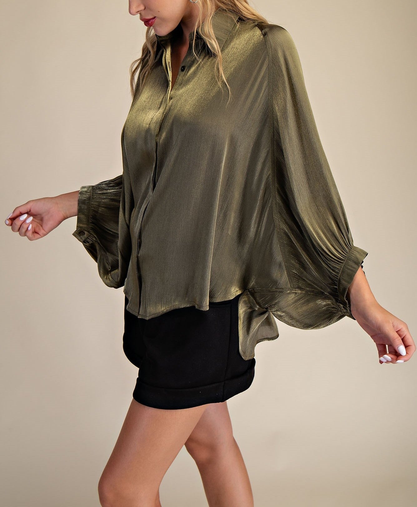 OLIVE BUTTON UP LONG FLOWY BATWING SLEEVE TOP
